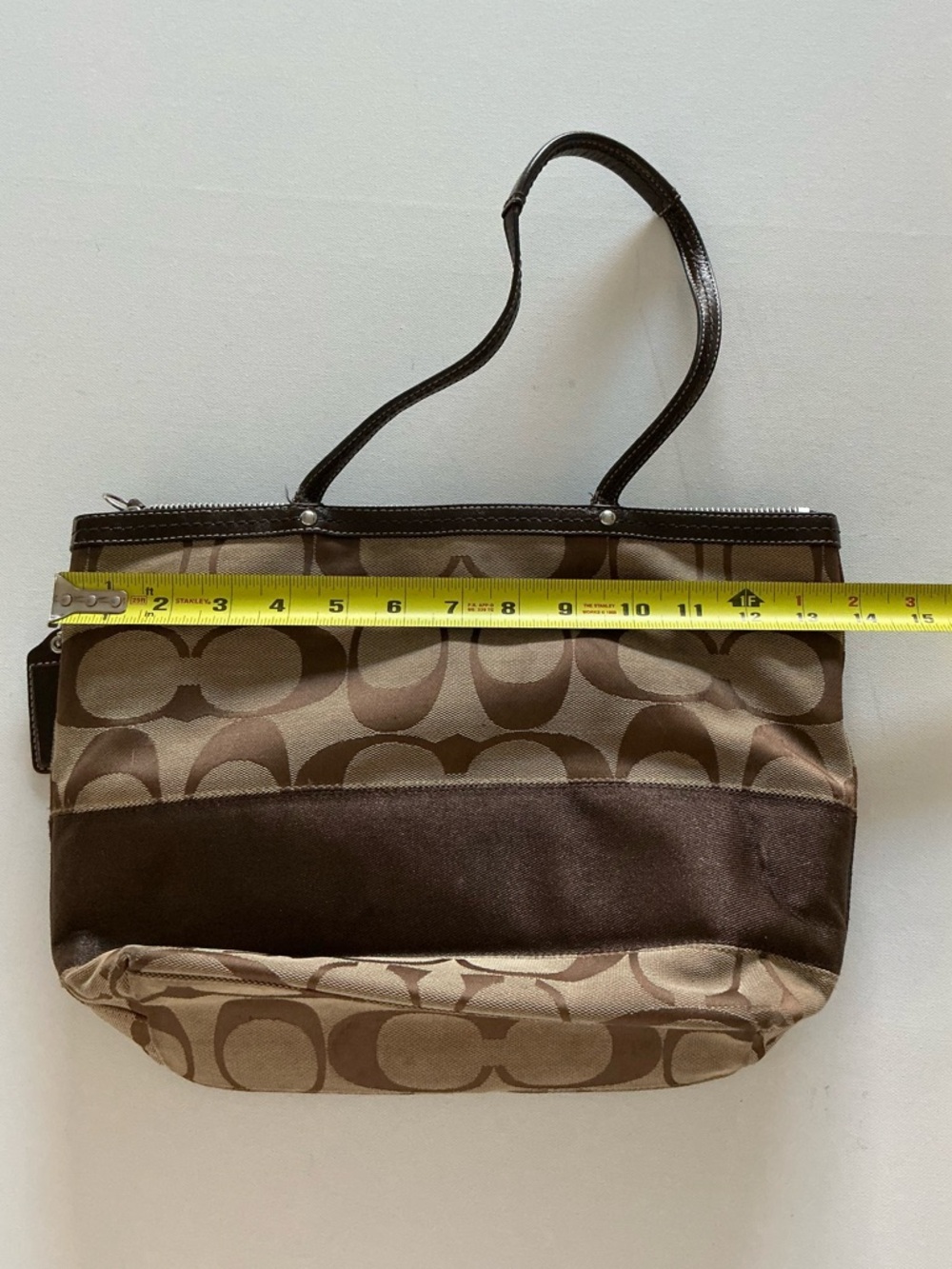 Coach Signature C Stripe Canvas Tote Shoulder Bag Brown Leather Trim Zip Top - Picture 8 of 12